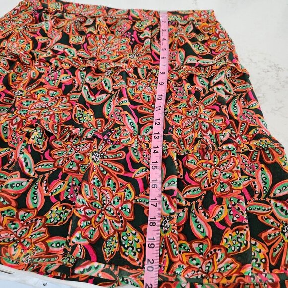 J. Crew Floral Boho Pink Green Print Skirt Large Tired Ruffle Knee Length Flowy - Picture 8 of 9